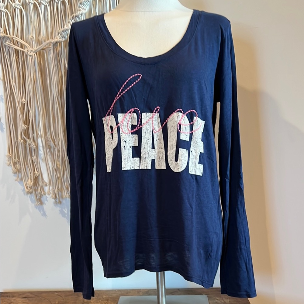 Michael Stars Navy Blue LOVE PEACE Women's LS Tee Top Comfy Soft NWOT OS